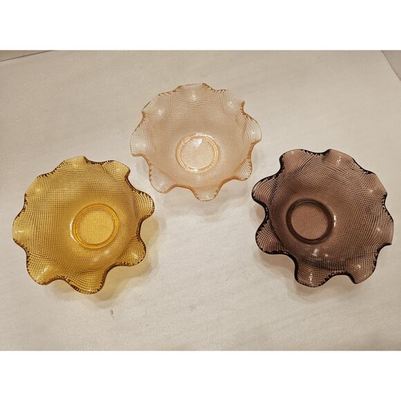 Vintage Italian Colony Pink Purple Amber Waffle Glass Ruffled Candy Bowls 3 Pc - Picture 2 of 13